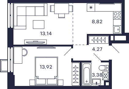 1-комнатная квартира (Студия) с отделкой в ЖК Новые Ватутинки. Центральный на 7 этаже в 7 секции. Сдача в 1 кв. 2024 г.