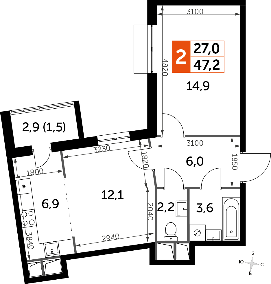 3-комнатная квартира в ЖК Резиденции Замоскворечье на 8 этаже в 2 секции. Дом сдан.
