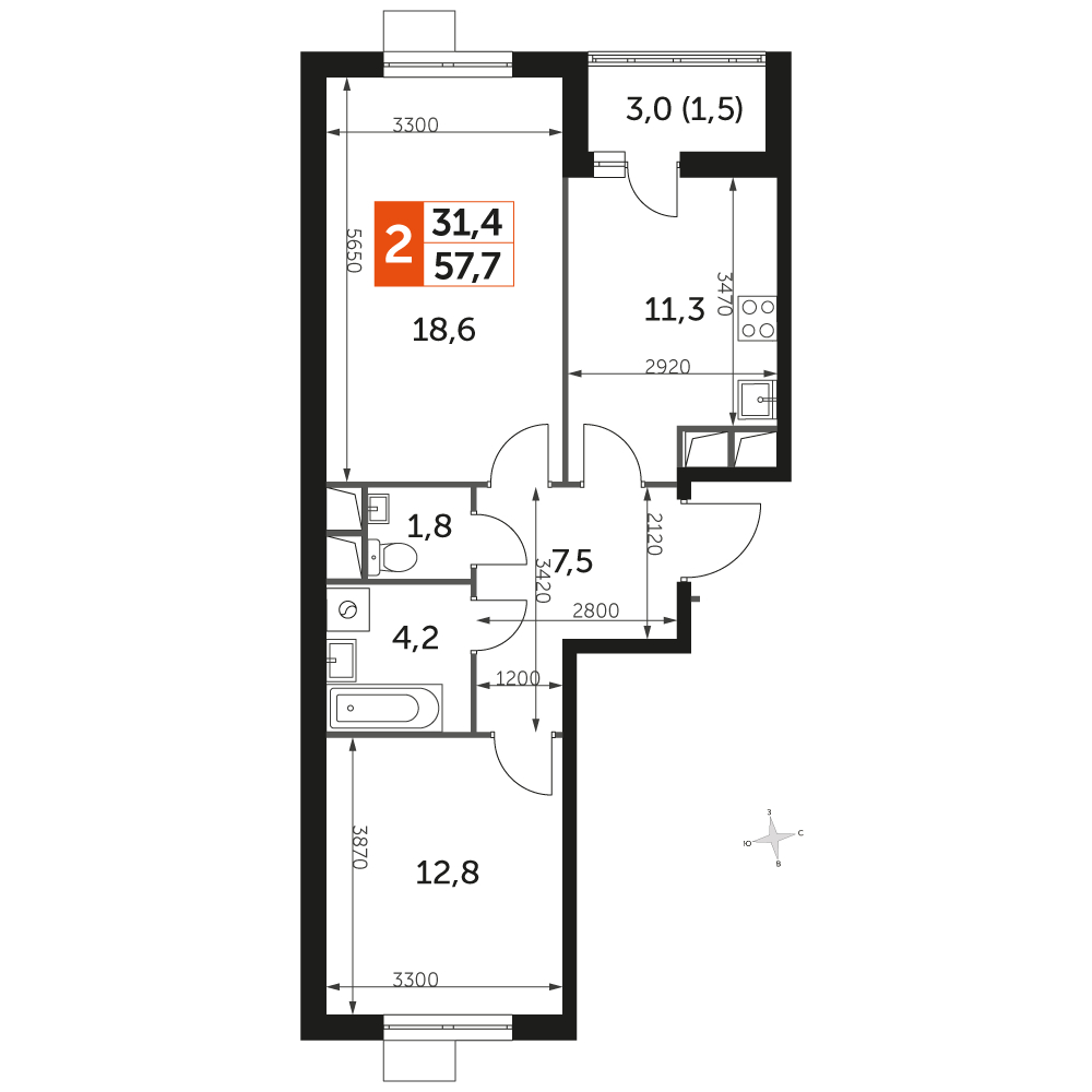 1-комнатная квартира с отделкой в ЖК Эко Бунино на 11 этаже в 10 секции. Сдача в 4 кв. 2025 г.