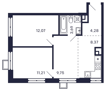 2-комнатная квартира в ЖК Жилой микрорайон Одинбург на 5 этаже в 2 секции. Сдача в 2 кв. 2025 г.