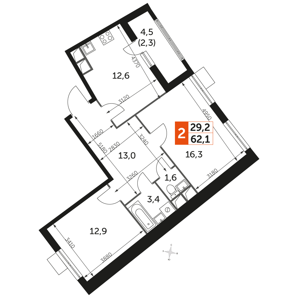 1-комнатная квартира в ЖК Эко Бунино на 1 этаже в 1 секции. Сдача в 3 кв. 2023 г.