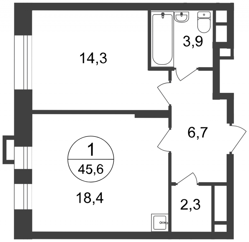1-комнатная квартира в ЖК Эко Бунино на 1 этаже в 2 секции. Сдача в 3 кв. 2023 г.