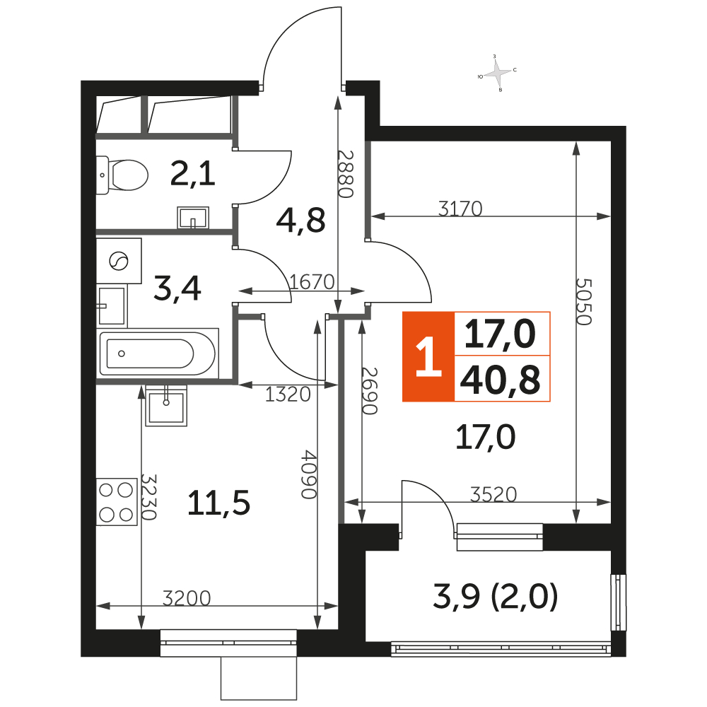1-комнатная квартира в ЖК UP-квартал Римский на 3 этаже в 12 секции. Сдача в 3 кв. 2023 г.