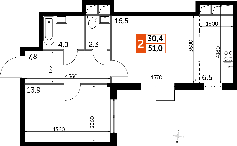 2-комнатная квартира в ЖК UP-квартал Римский на 7 этаже в 5 секции. Сдача в 3 кв. 2023 г.