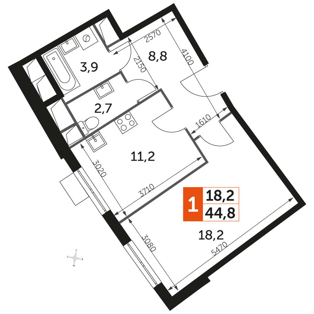 2-комнатная квартира в ЖК Эко Бунино на 3 этаже в 10 секции. Сдача в 4 кв. 2025 г.