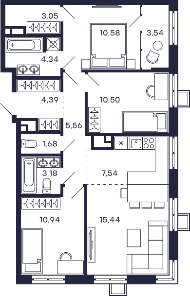 3-комнатная квартира в ЖК VESNA на 5 этаже в 1 секции. Сдача в 4 кв. 2022 г.