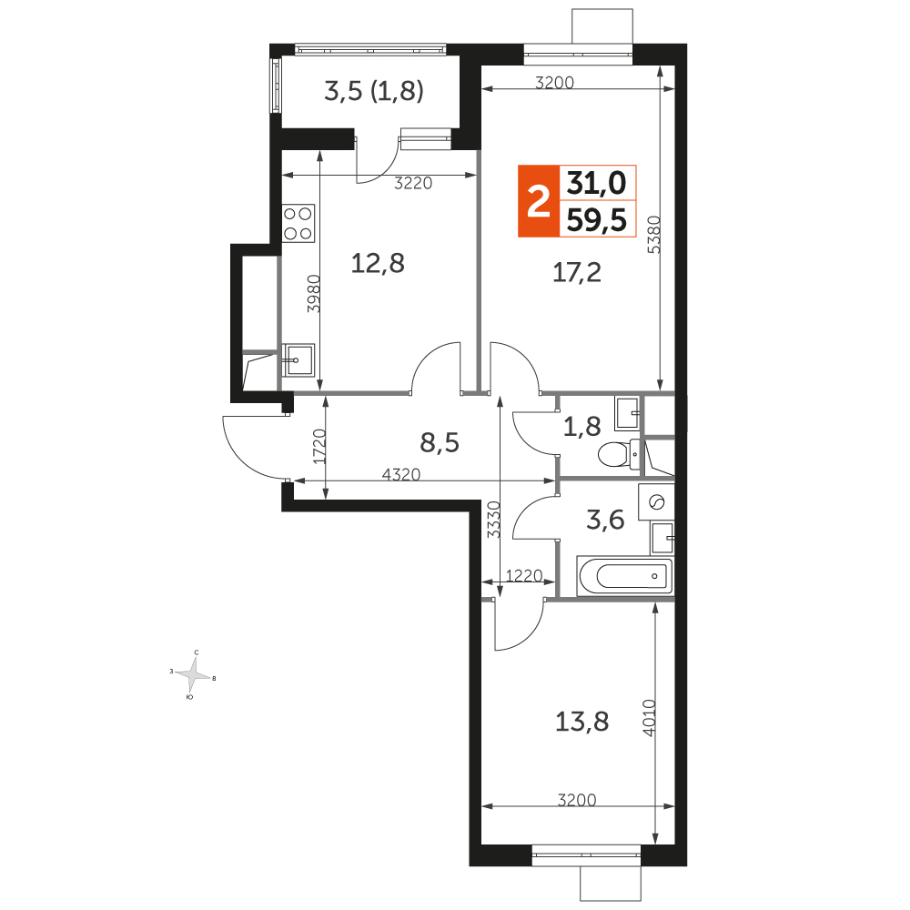 4-комнатная квартира в ЖК Скандинавия на 5 этаже в 3 секции. Сдача в 4 кв. 2024 г.