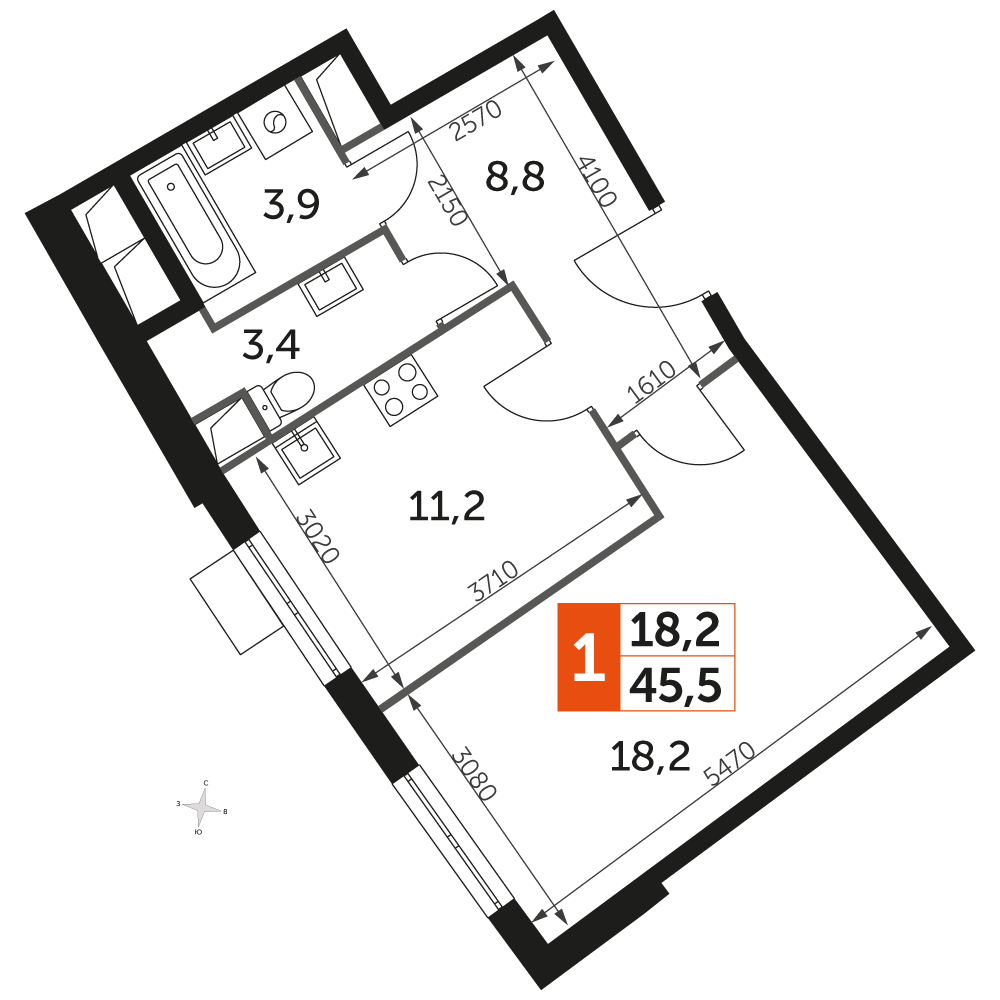 1-комнатная квартира в ЖК Эко Бунино на 4 этаже в 8 секции. Сдача в 4 кв. 2025 г.