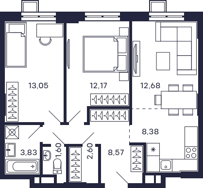 2-комнатная квартира с отделкой в ЖК Квартал Тетрис на 21 этаже в 1 секции. Сдача в 2 кв. 2025 г.