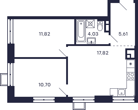 2-комнатная квартира в ЖК Квартал Тетрис на 2 этаже в 1 секции. Сдача в 2 кв. 2025 г.