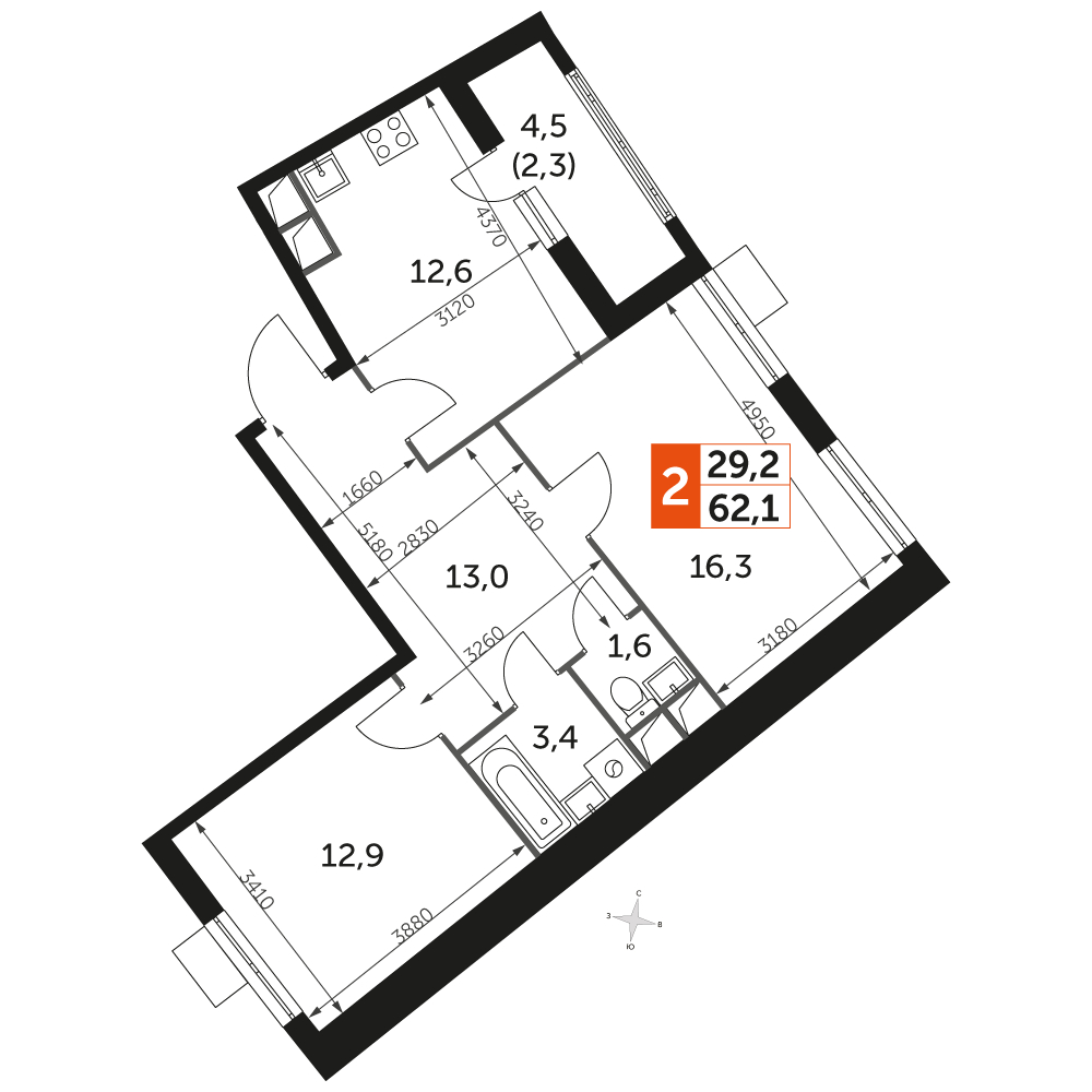 2-комнатная квартира в ЖК UP-квартал Римский на 4 этаже в 22 секции. Сдача в 3 кв. 2023 г.