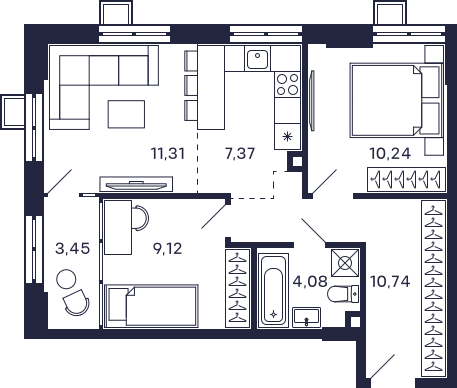 2-комнатная квартира в ЖК Квартал Тетрис на 7 этаже в 1 секции. Сдача в 2 кв. 2025 г.