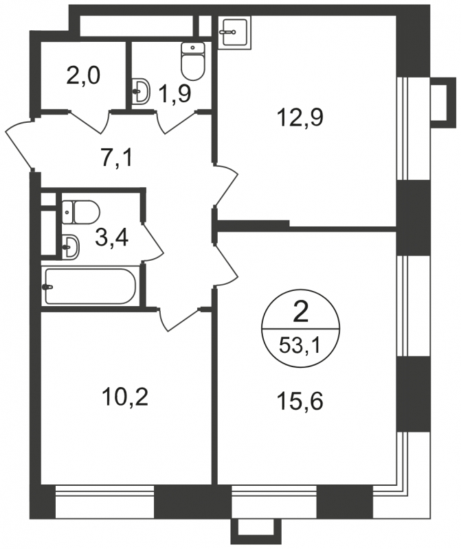 2-комнатная квартира в ЖК Эко Бунино на 13 этаже в 6 секции. Сдача в 1 кв. 2025 г.