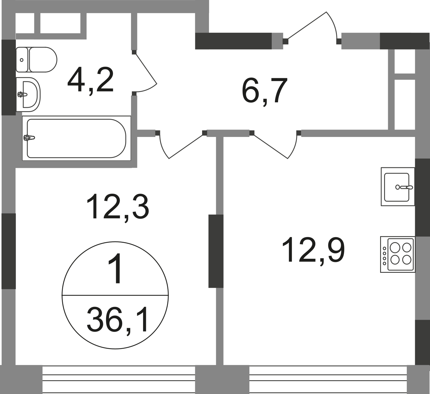 1-комнатная квартира в ЖК Город-парк Первый Московский на 4 этаже в 6 секции. Сдача в 2 кв. 2025 г.