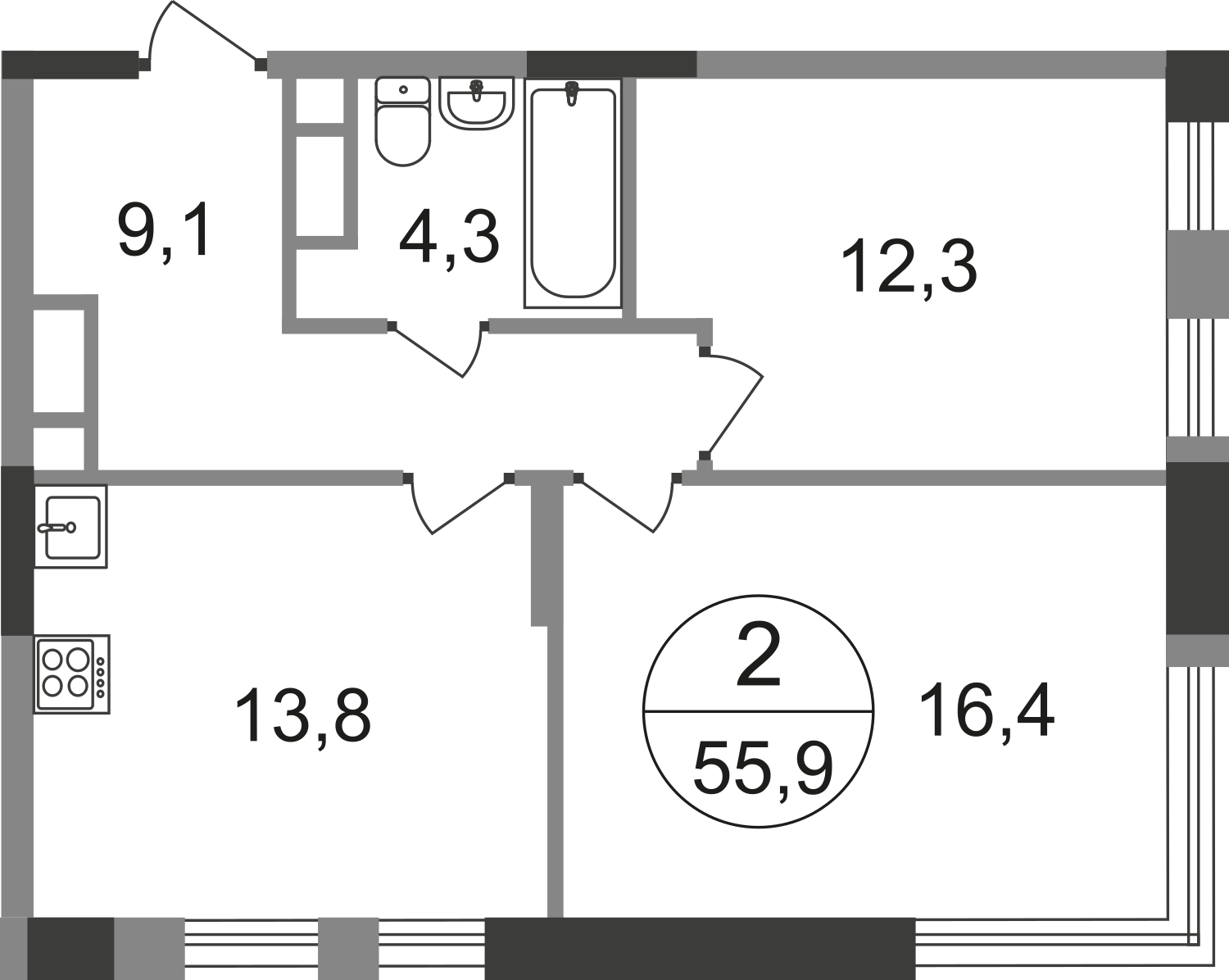 2-комнатная квартира в ЖК Эко Бунино на 9 этаже в 10 секции. Сдача в 4 кв. 2025 г.