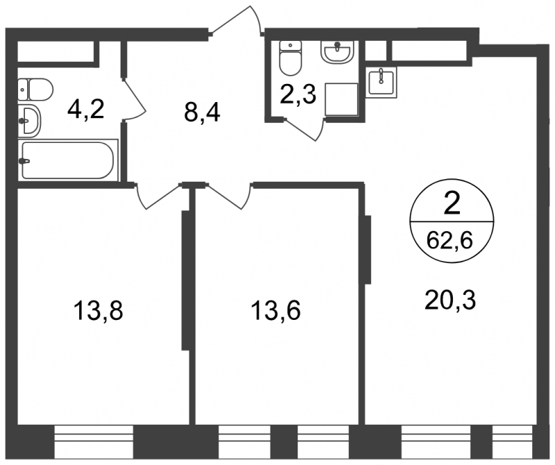 2-комнатная квартира в ЖК Город-парк Первый Московский на 6 этаже в 4 секции. Сдача в 2 кв. 2025 г.