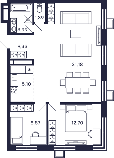 1-комнатная квартира (Студия) с отделкой в ЖК Новые Ватутинки. Центральный на 7 этаже в 4 секции. Сдача в 1 кв. 2024 г.