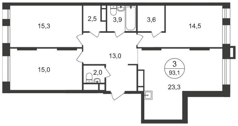3-комнатная квартира в ЖК Время на 5 этаже в 1 секции. Сдача в 1 кв. 2019 г.