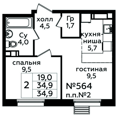 2-комнатная квартира в ЖК Скандинавия на 6 этаже в 4 секции. Сдача в 3 кв. 2024 г.