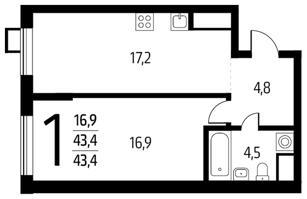 1-комнатная квартира с отделкой в ЖК Квартал Тетрис на 13 этаже в 1 секции. Сдача в 2 кв. 2026 г.