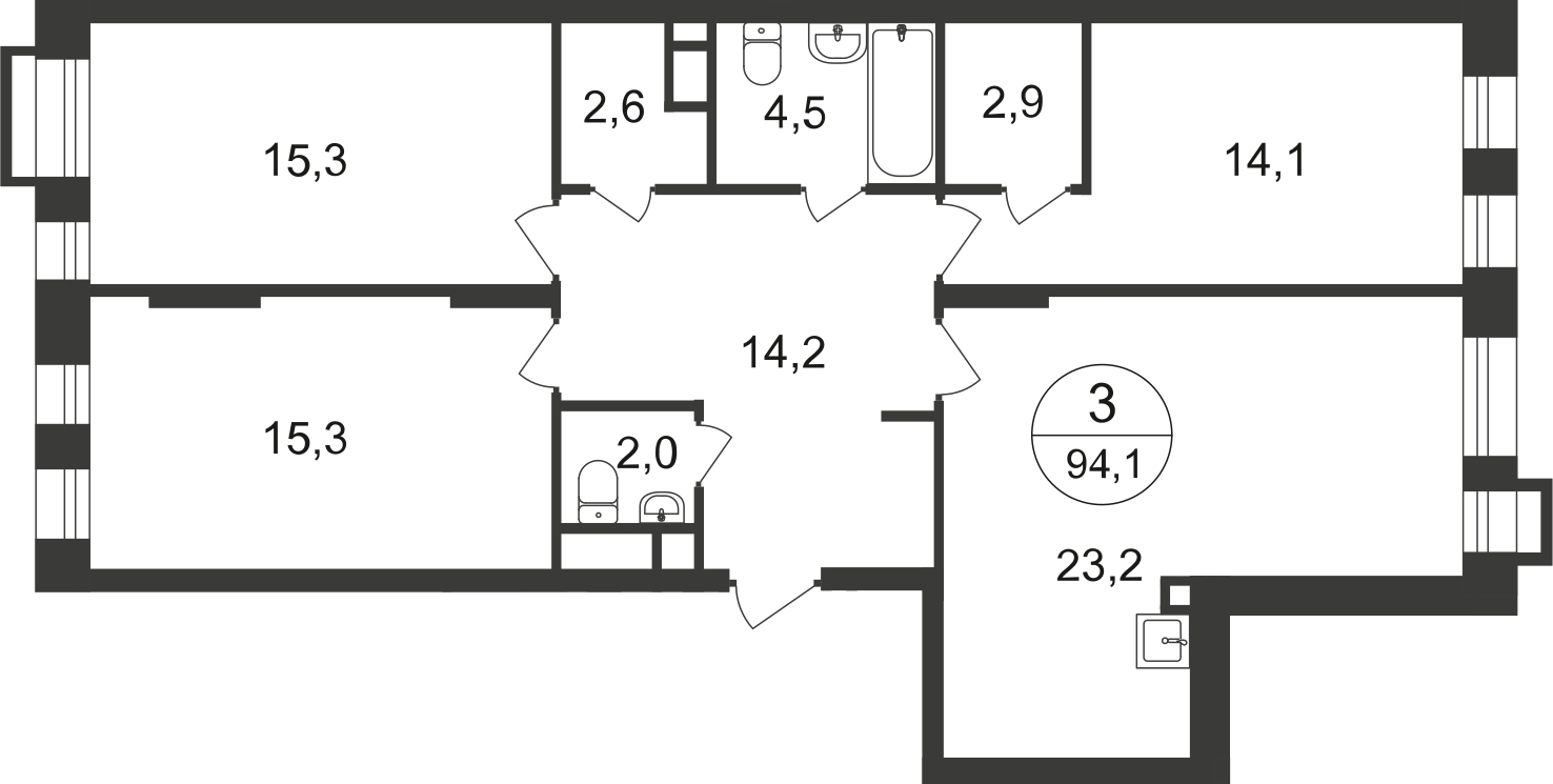3-комнатная квартира в ЖК Время на 19 этаже в 1 секции. Сдача в 1 кв. 2019 г.