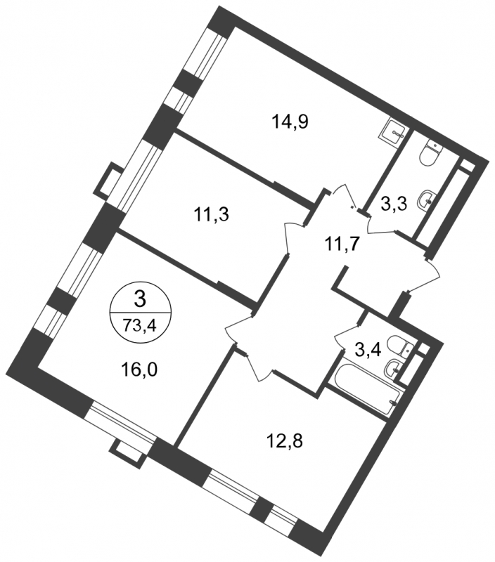 3-комнатная квартира в ЖК Время на 4 этаже в 2 секции. Сдача в 1 кв. 2019 г.
