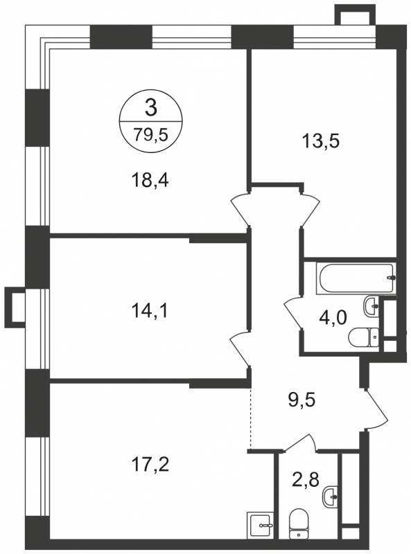 3-комнатная квартира в ЖК Хорошевский на 3 этаже в 3 секции. Дом сдан.