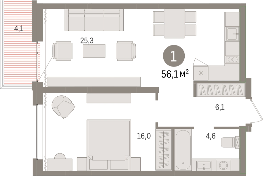 1-комнатная квартира в ЖК Город-парк Первый Московский на 16 этаже в 3 секции. Сдача в 2 кв. 2025 г.