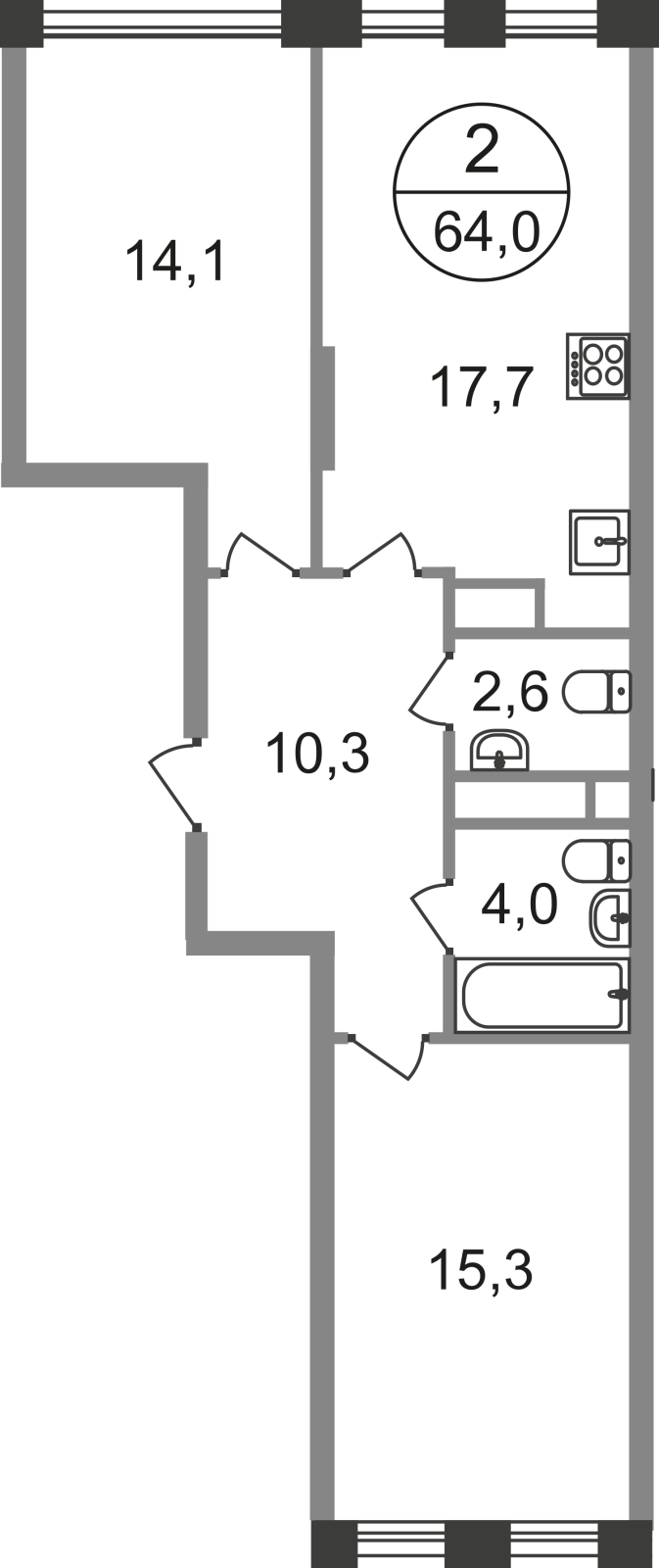 2-комнатная квартира в ЖК Город-парк Первый Московский на 6 этаже в 1 секции. Сдача в 2 кв. 2025 г.