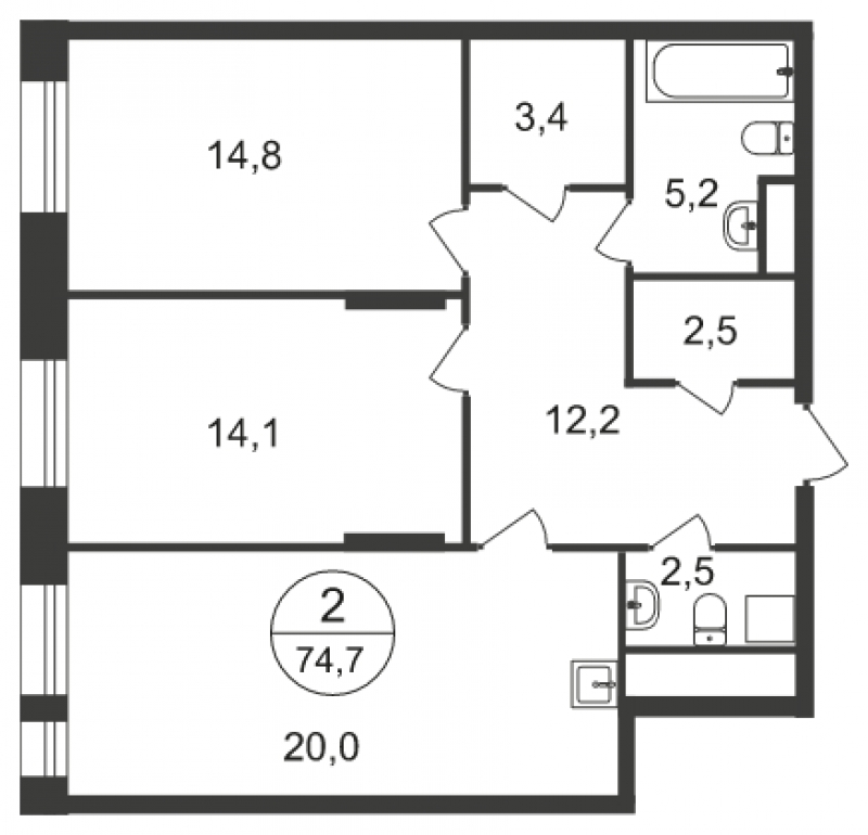 2-комнатная квартира в ЖК Крылатский на 18 этаже в 2 секции. Дом сдан.