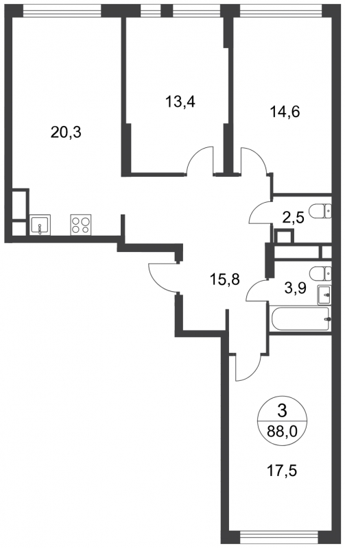 3-комнатная квартира с отделкой в ЖК Мещерский лес на 3 этаже в 1 секции. Сдача в 2 кв. 2023 г.