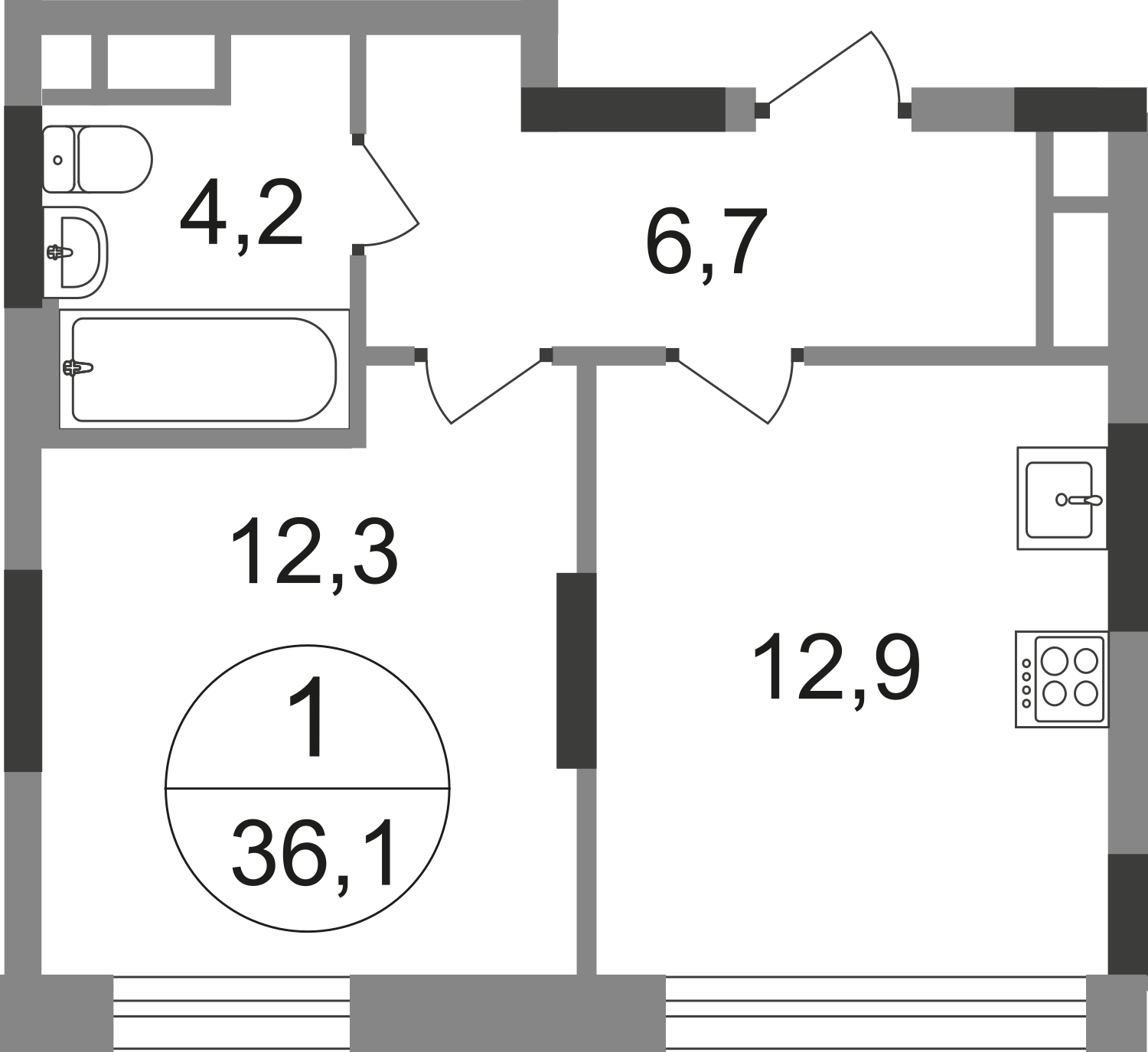 1-комнатная квартира в ЖК Кварталы 21/19 на 4 этаже в 1 секции. Сдача в 4 кв. 2023 г.