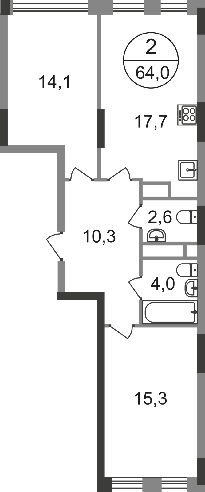 2-комнатная квартира в ЖК Триколор на 55 этаже в 1 секции. Дом сдан.