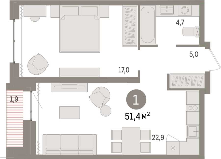 1-комнатная квартира в ЖК город-парк Переделкино Ближнее на 5 этаже в 6 секции. Сдача в 1 кв. 2025 г.