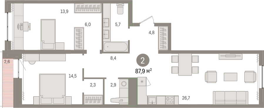 2-комнатная квартира с отделкой в ЖК Новин на 8 этаже в 3 секции. Сдача в 2 кв. 2024 г.