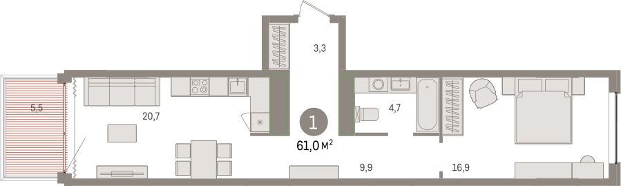 1-комнатная квартира с отделкой в ЖК Новин на 4 этаже в 5 секции. Сдача в 2 кв. 2024 г.