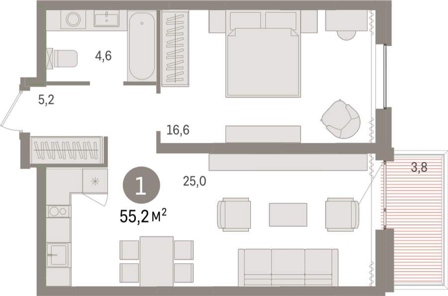 1-комнатная квартира с отделкой в ЖК Новин на 16 этаже в 5 секции. Сдача в 2 кв. 2024 г.