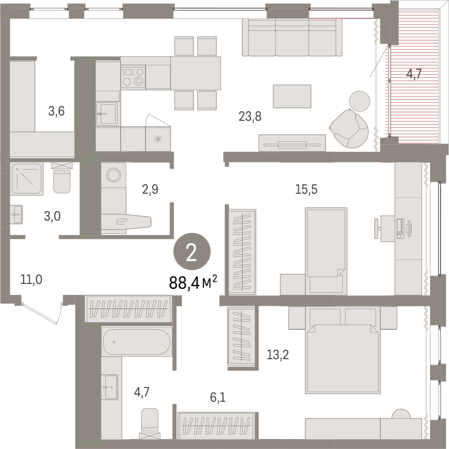 2-комнатная квартира с отделкой в ЖК Новин на 14 этаже в 5 секции. Сдача в 2 кв. 2024 г.