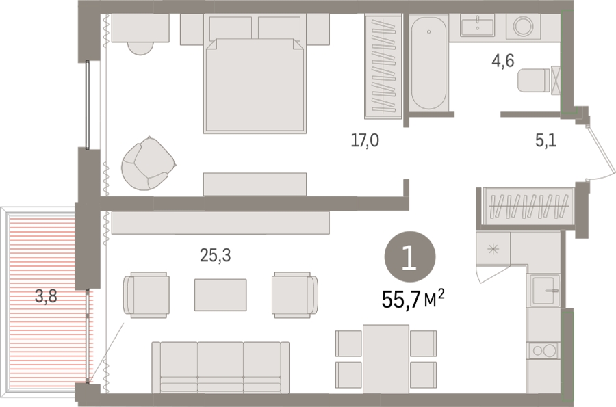 2-комнатная квартира с отделкой в ЖК Новин на 5 этаже в 2 секции. Сдача в 2 кв. 2024 г.
