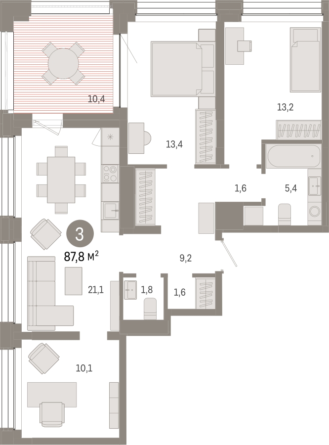 3-комнатная квартира в ЖК Redside на 2 этаже в 1 секции. Дом сдан.