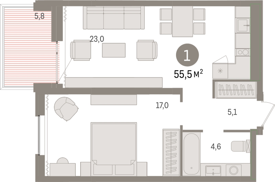 1-комнатная квартира с отделкой в ЖК Кварталы 21/19 на 4 этаже в 1 секции. Сдача в 2 кв. 2023 г.