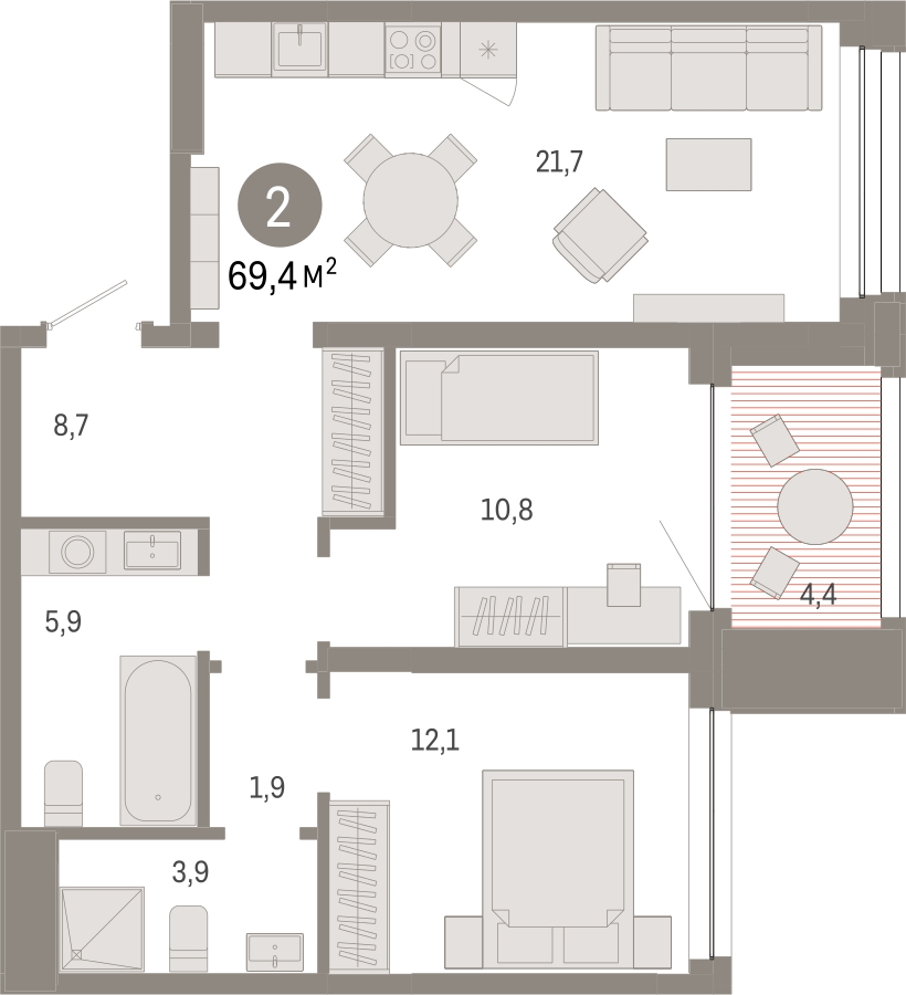 2-комнатная квартира с отделкой в ЖК Европейский квартал на 4 этаже в 5 секции. Сдача в 4 кв. 2025 г.