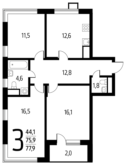 3-комнатная квартира в ЖК Новый Зеленоград на 10 этаже в 2 секции. Сдача в 1 кв. 2023 г.