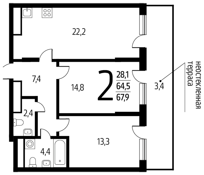 3-комнатная квартира в ЖК Новый Зеленоград на 12 этаже в 1 секции. Сдача в 1 кв. 2023 г.