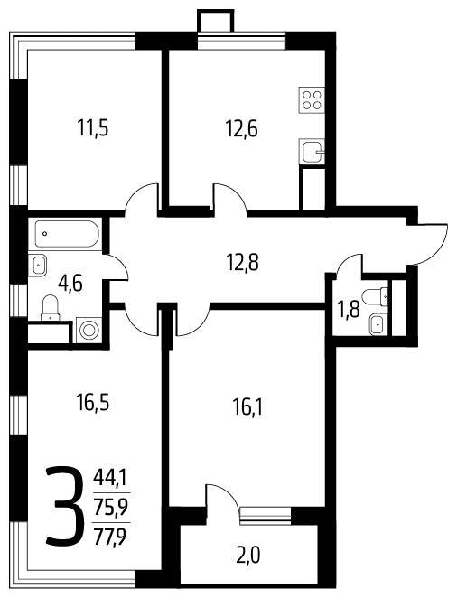 3-комнатная квартира с отделкой в ЖК Новые Ватутинки. Центральный на 13 этаже в 4 секции. Сдача в 1 кв. 2024 г.