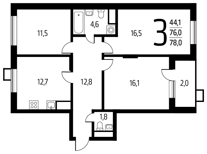 3-комнатная квартира с отделкой в ЖК Новые Ватутинки. Центральный на 13 этаже в 1 секции. Сдача в 1 кв. 2024 г.