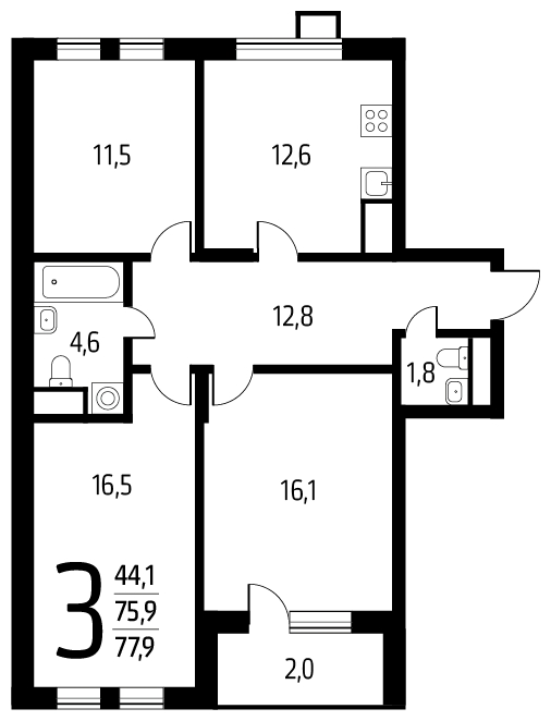 3-комнатная квартира с отделкой в ЖК Новые Ватутинки. Центральный на 7 этаже в 3 секции. Сдача в 1 кв. 2024 г.