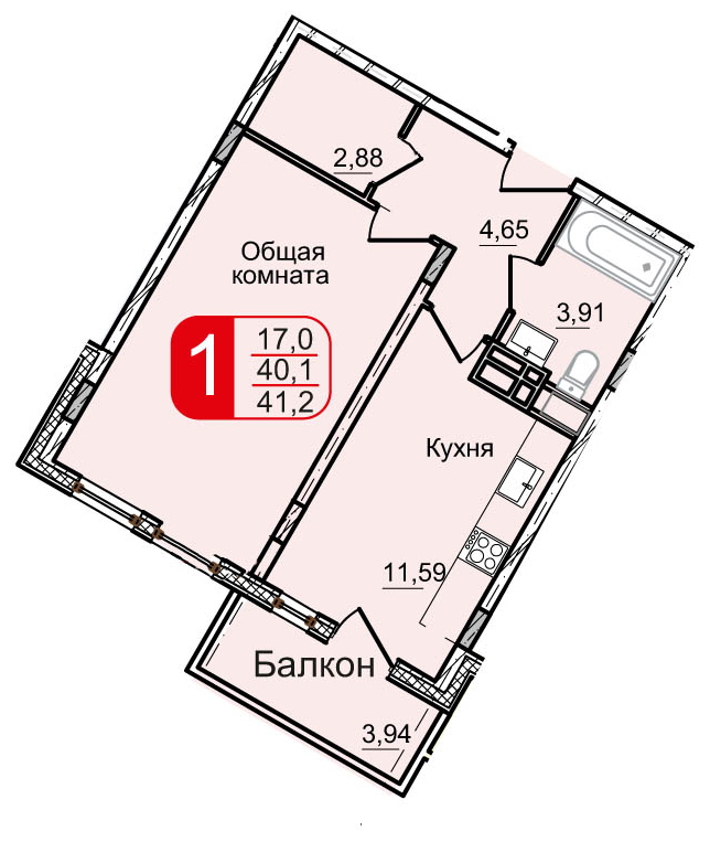 1-комнатная квартира в ЖК Остров Эрин на 1 этаже в 9 секции. Сдача в 2 кв. 2019 г.