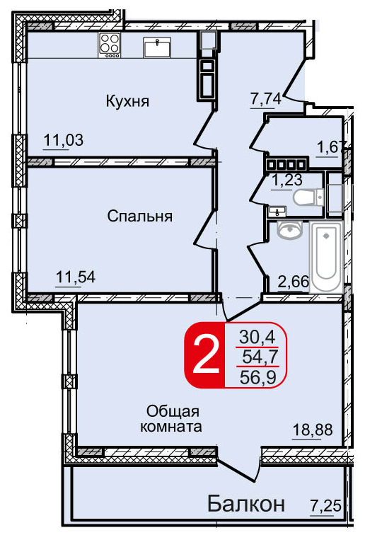 3-комнатная квартира в ЖК Остров Эрин на 2 этаже в 7 секции. Сдача в 2 кв. 2019 г.