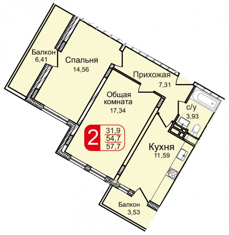 3-комнатная квартира в ЖК Остров Эрин на 2 этаже в 2 секции. Дом сдан.